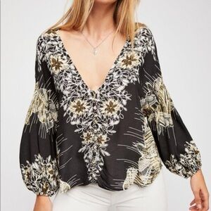 Free People Birds of Feathers Black and Cream Graphic Bishop Sleeve Blouse